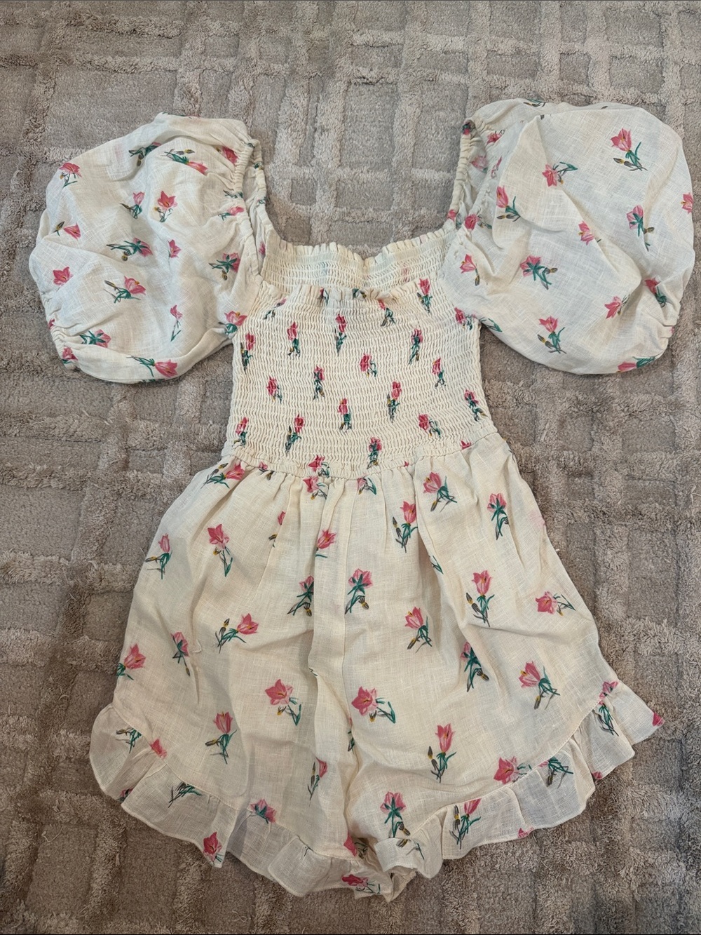 Girls' White Floral Puff-Sleeve Dress - Pink Flower Print